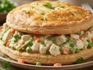 Une tourte dorée et croustillante garnie d'un mélange crémeux de poulet, de petits pois et de carottes.