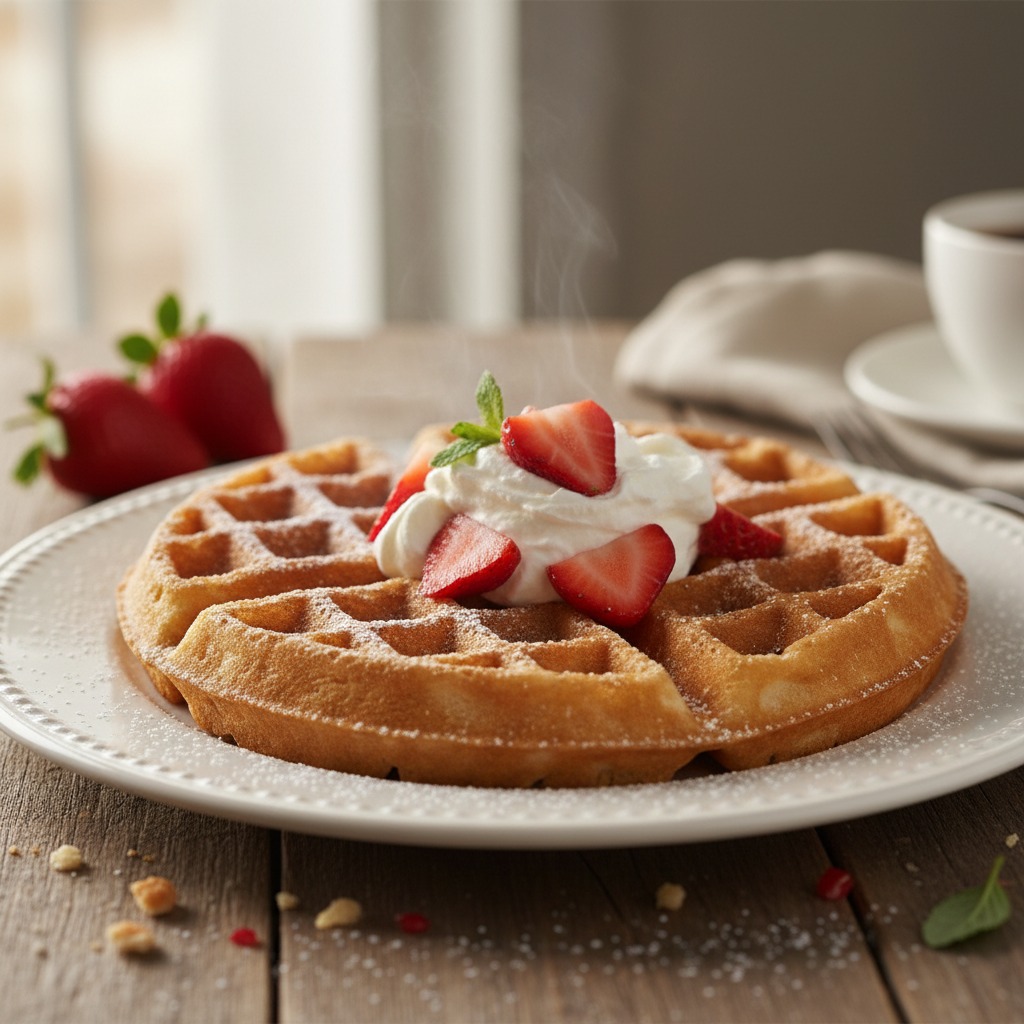 Une gaufre saupoudrée de sucre glace et garnie de crème chantournée et de fraises fraîches repose sur une assiette blanche.